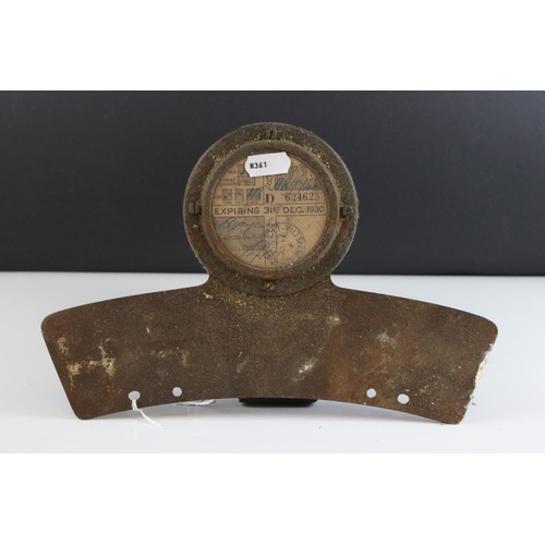 38 - Early 20th century Motorcycle Tax Disk Holder, with tax disc for 1930 and stamped Wiltshire, 26cms l... 