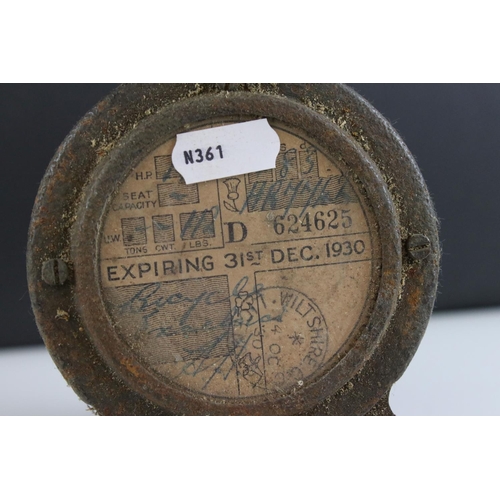 38 - Early 20th century Motorcycle Tax Disk Holder, with tax disc for 1930 and stamped Wiltshire, 26cms l... 