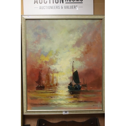 40 - Oil Painting on Canvas of Boats at Sea during Sunset, signed lower right ' G Broome 52 ' ??, 49cms x... 