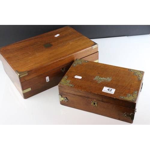 42 - Early 20th century Oak Cigar Box with Brass Mounts, 26.5cms long together with 19th century Mahogany... 