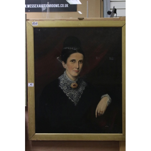 43 - 19th century Oil Painting on Canvas Half Length Portrait of a Lady, 62cms x 75cms, framed (a/f)