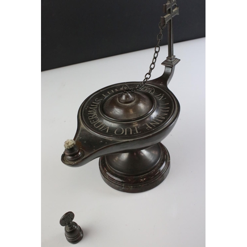 45 - Bronze Oil Lamp of Late Roman Christian style marked ' In Lumine Tuo Videbimus Lumen ' raised on a m... 