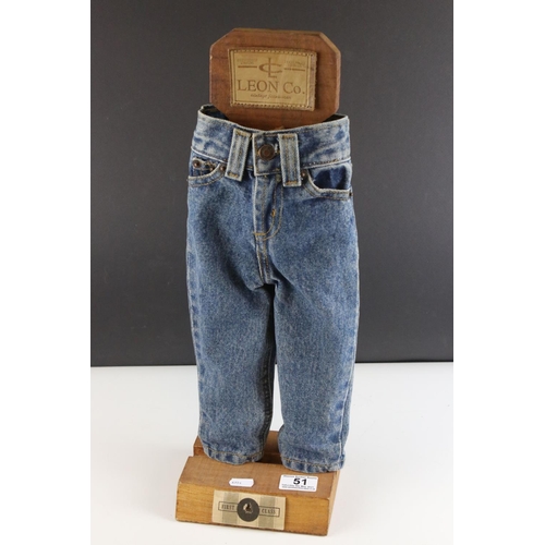 51 - Pair of Shop Display Advertising Leon Co. Miniature Pair of Jeans mounted on a Wooden Stand, 49cms h... 