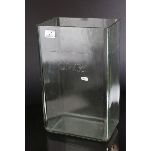 54 - Vintage GWR Great Western Railways Glass Battery Container, raised ' GWR ' to front, 44cms high