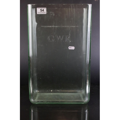 54 - Vintage GWR Great Western Railways Glass Battery Container, raised ' GWR ' to front, 44cms high