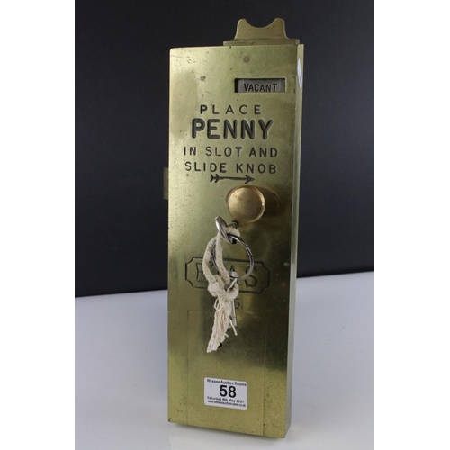 58 - Early 20th century Brass ' ETAS ' no. 5 Penny in the slot Lavatory Lock, with key, 33cms high