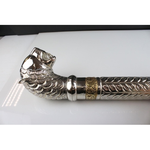 72 - Ceremonial style staff with white metal tiger's head handle