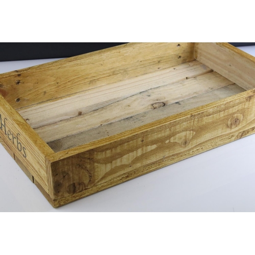 91 - Rustic Wooden Waxed Herb / Seed Box marked Oregano and Herbs, 47cms long