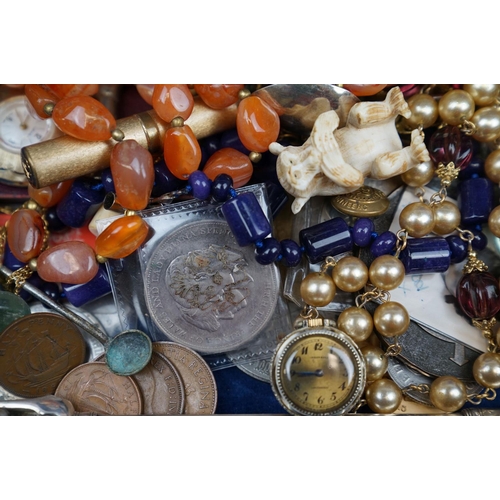 205 - A group of mixed collectables to include jewellery, watches, coins and medallions contained within a... 