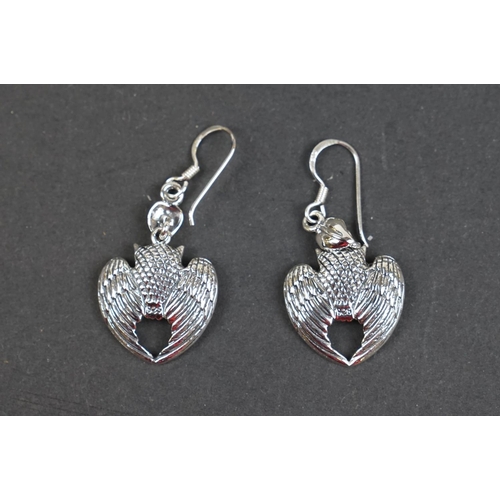 236 - Pair of silver flying owl earrings, stamped 925