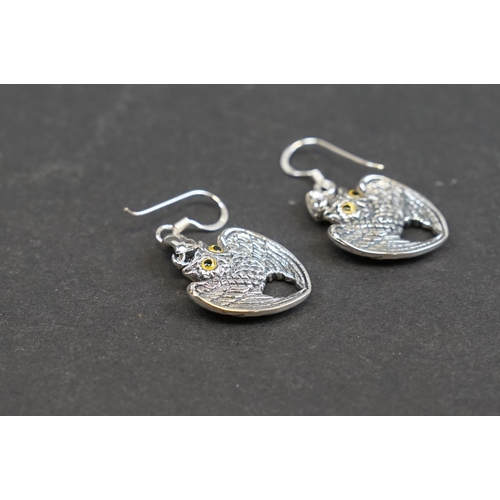 236 - Pair of silver flying owl earrings, stamped 925