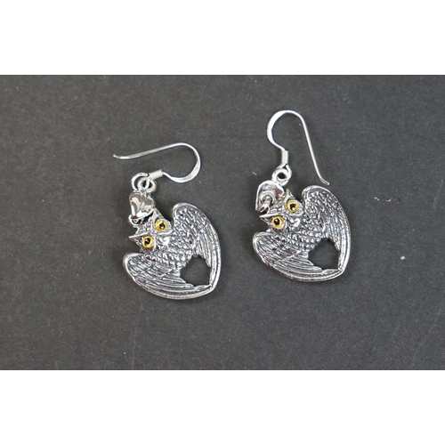 236 - Pair of silver flying owl earrings, stamped 925