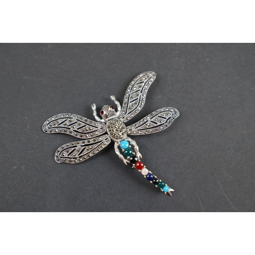 251 - Large silver dragonfly brooch, set with marcasites, stamped 925