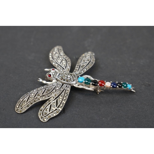 251 - Large silver dragonfly brooch, set with marcasites, stamped 925