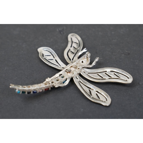 251 - Large silver dragonfly brooch, set with marcasites, stamped 925