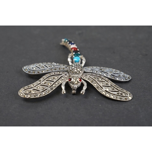 251 - Large silver dragonfly brooch, set with marcasites, stamped 925