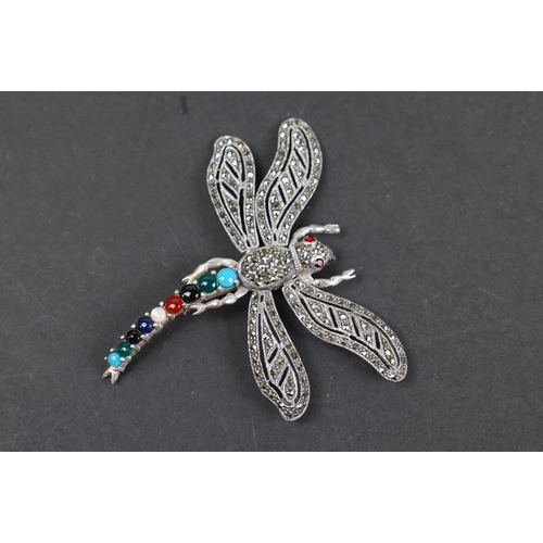 251 - Large silver dragonfly brooch, set with marcasites, stamped 925