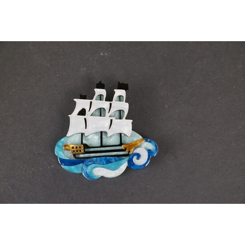 275 - Boxed Lea Stein style brooch of a three mast sailing boat on the sea