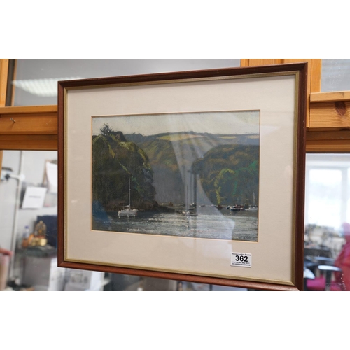 362 - Pastel scene of yachts moored in a secluded rocky bay, indistinctly signed lower right, approx 24cm ... 