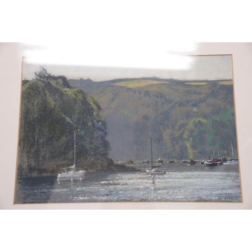 362 - Pastel scene of yachts moored in a secluded rocky bay, indistinctly signed lower right, approx 24cm ... 