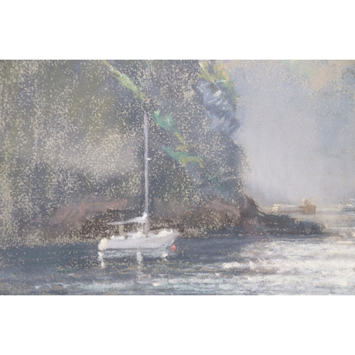 362 - Pastel scene of yachts moored in a secluded rocky bay, indistinctly signed lower right, approx 24cm ... 