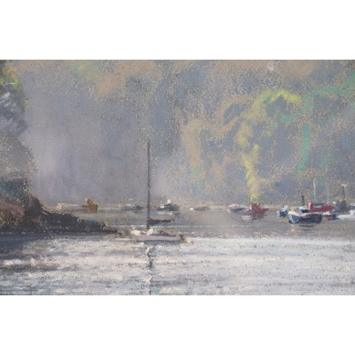 362 - Pastel scene of yachts moored in a secluded rocky bay, indistinctly signed lower right, approx 24cm ... 