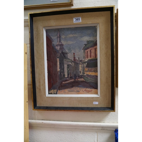 365 - A mid 20th century oil on board Continental  street scene with indistinctly signed 34 x 26 cm.