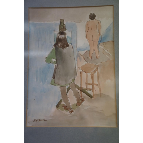 366 - Andrew Freeth (1912-1986) Artist and model, pen, ink and watercolour, signed, approx 35.5cm x 25.5cm... 