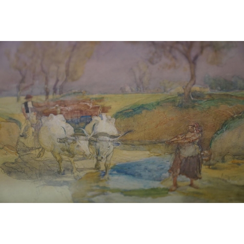 367 - Joseph Walter West (British 1860-1933) Driving cattle watercolour and pencil, signed with monogram a... 