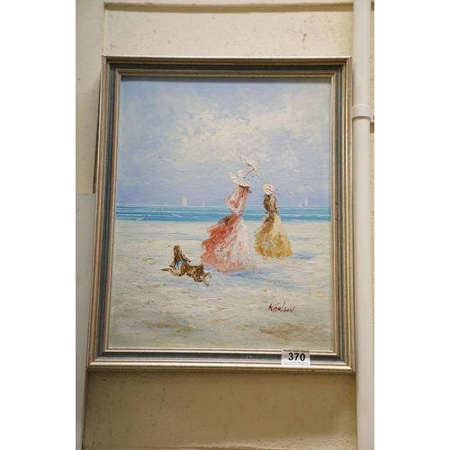 370 - Oil on board, Victorian ladies walking dog on beach, signed Karlson