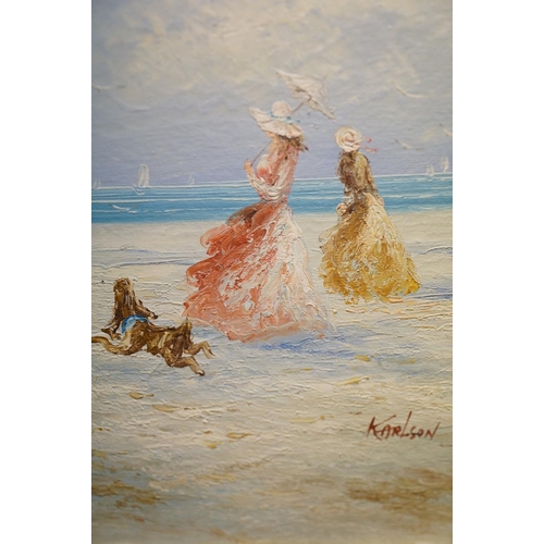 370 - Oil on board, Victorian ladies walking dog on beach, signed Karlson