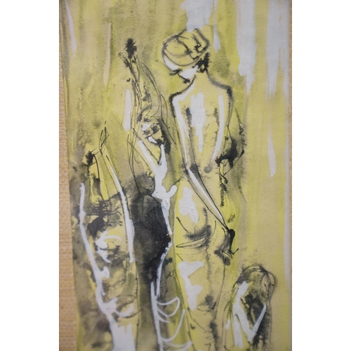 371 - Vintage ink, watercolour and body colour painting of nymphs bathing, unsigned, approx 36cm x 11cm