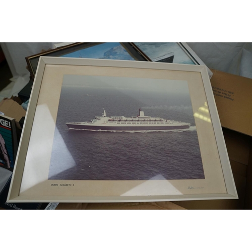 458 - A quantity of nautical related books together with a quantity of framed pictures to include the SS Q... 