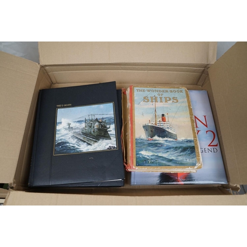 458 - A quantity of nautical related books together with a quantity of framed pictures to include the SS Q... 