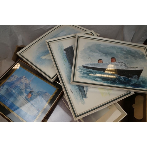 458 - A quantity of nautical related books together with a quantity of framed pictures to include the SS Q... 