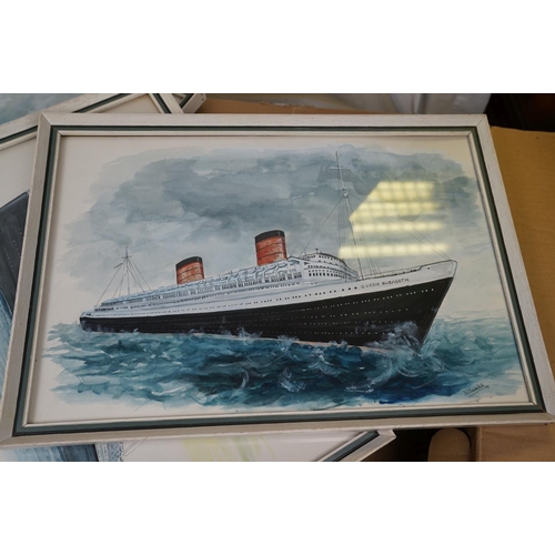 458 - A quantity of nautical related books together with a quantity of framed pictures to include the SS Q... 