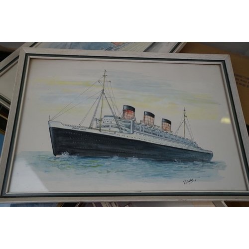 458 - A quantity of nautical related books together with a quantity of framed pictures to include the SS Q... 