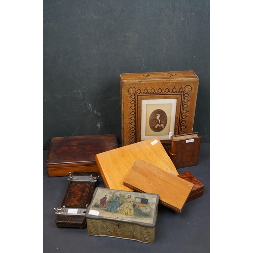 493 - A collection of vintage wooden boxes to include a cigar box together with a tie press.