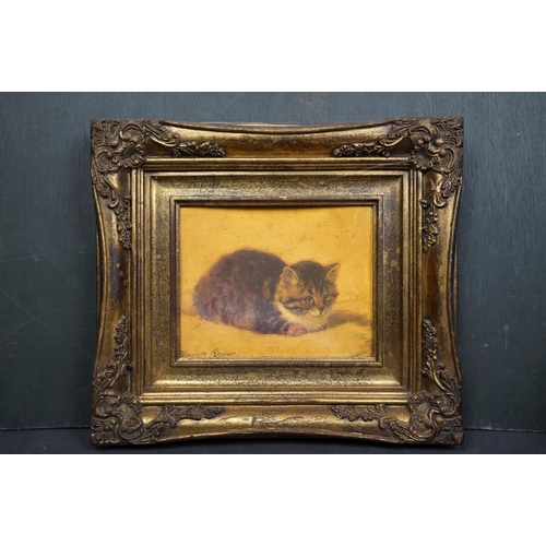 500 - A quantity of contemporary oil paintings and cat prints mounted in antique style frames.