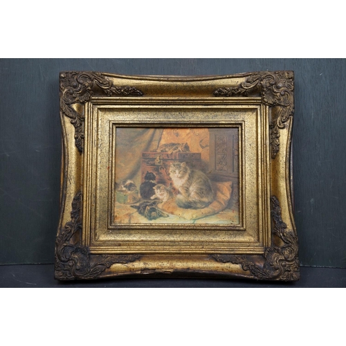 500 - A quantity of contemporary oil paintings and cat prints mounted in antique style frames.