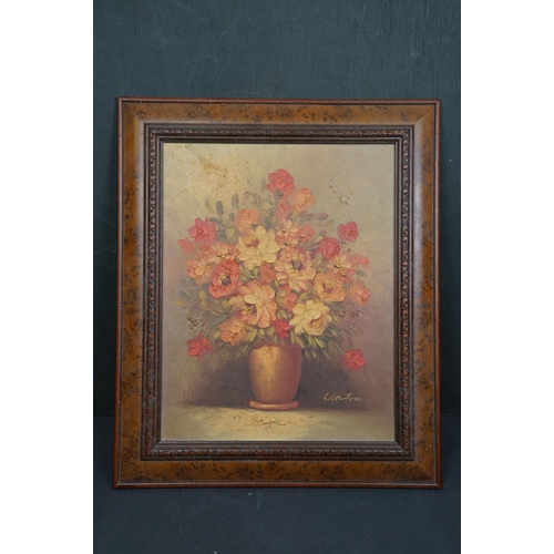 500 - A quantity of contemporary oil paintings and cat prints mounted in antique style frames.