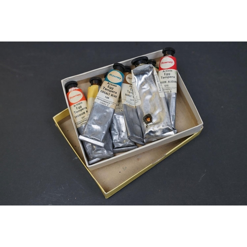 503 - A collection of vintage art supplies and drawing equipment within wooden boxes.