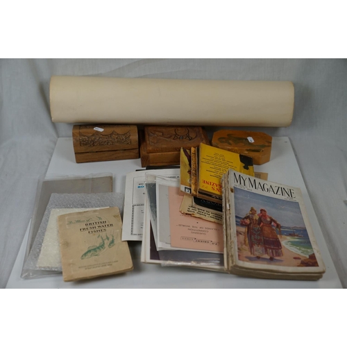 538 - A box of mixed collectables to include a carved wooden Navajo card box and a quantity of ephemera to... 