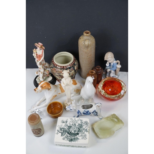 539 - A box of mixed ceramics and glassware to include a NAO dove figurine and a Russian Lomonosov dog orn... 