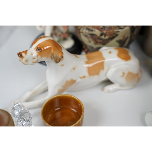 539 - A box of mixed ceramics and glassware to include a NAO dove figurine and a Russian Lomonosov dog orn... 