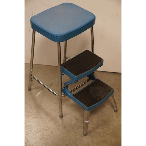 692 - Retro Mid 20th century Metamorphic Blue and Chrome Kitchen Stool with pull-out steps, 62cms high