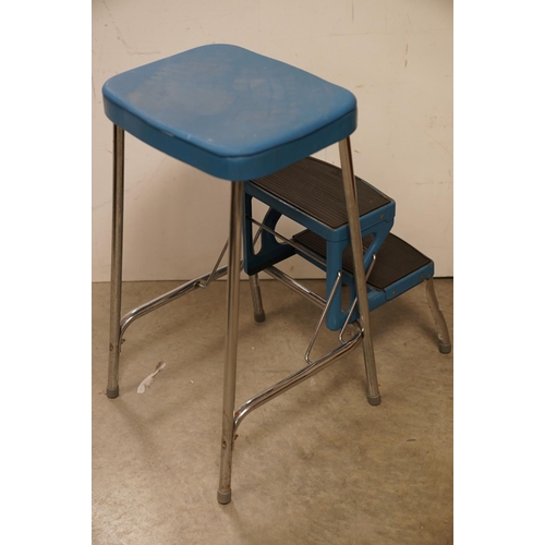 692 - Retro Mid 20th century Metamorphic Blue and Chrome Kitchen Stool with pull-out steps, 62cms high