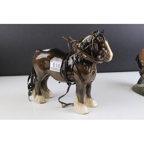 118 - Beswick Brown Shire Mare, model 818 together with Beswick Brown Mare facing left, model 976 and Besw... 