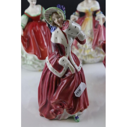 121 - Five Royal Doulton Figurines including Top o' the Hill, Fair Lady (red), Christmas Morn, Southern Be... 