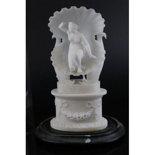 150 - Carved Alabaster Grand Tour style Sculpture of Venus kneeling within an open clam shell held by dolp... 